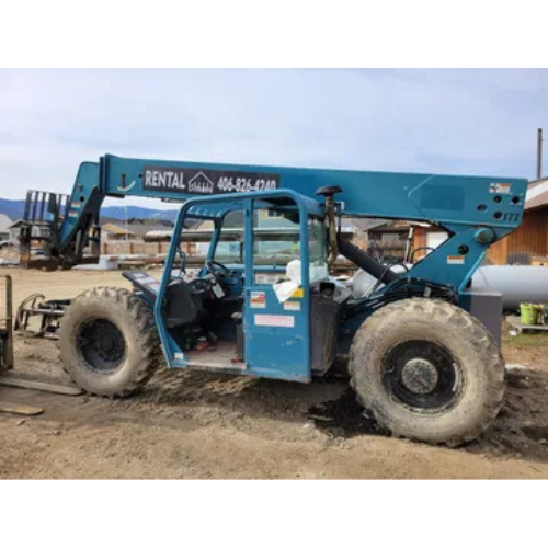Blue telehandler with large tires on a construction site, featuring a rental sign. Equipped with a boom arm, it’s ready for heavy lifting.
