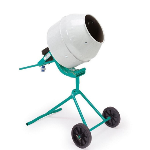 A portable concrete mixer with a teal frame and black wheels is set against a plain white background. Its drum is positioned at an angle for easy pouring.