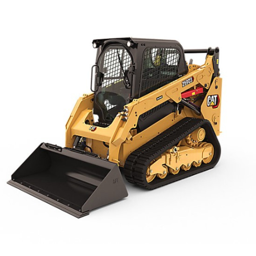 A yellow Caterpillar skid steer loader with black tracks and a front bucket attachment is shown on a white background, conveying efficiency and power.