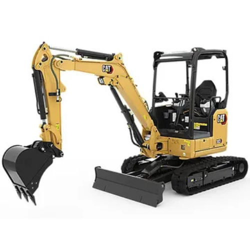 A yellow Caterpillar mini excavator with a black bucket and crawler tracks is shown on a white background. Its cab is open, showcasing the controls.