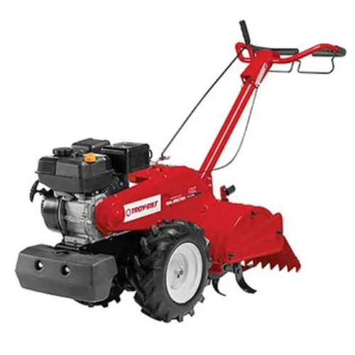 Red tiller with a robust black engine, large rear wheels, and a curved handlebar. The design conveys utility and durability for gardening tasks.