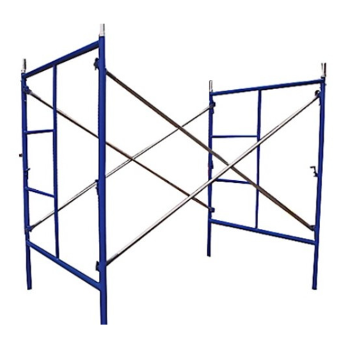 Blue steel scaffolding frame with cross braces, standing upright. It is unassembled, suggesting use in construction or a similar setting.