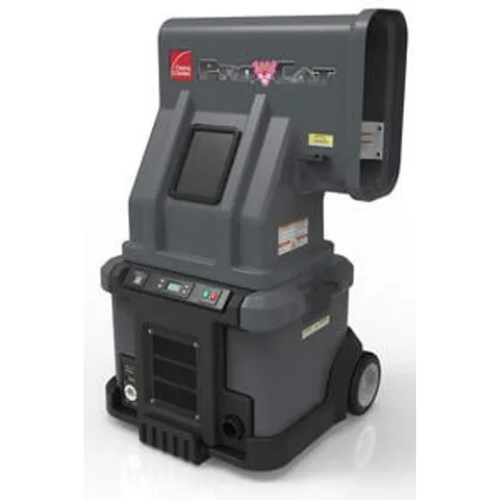 A gray, industrial-grade carpet extraction machine with buttons and a control panel. It has wheels for mobility, conveying efficiency and professionalism.
