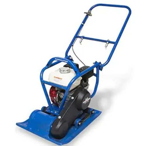 Blue plate compactor with a white engine and black components, featuring a sturdy handle, designed for soil and asphalt compaction in construction.