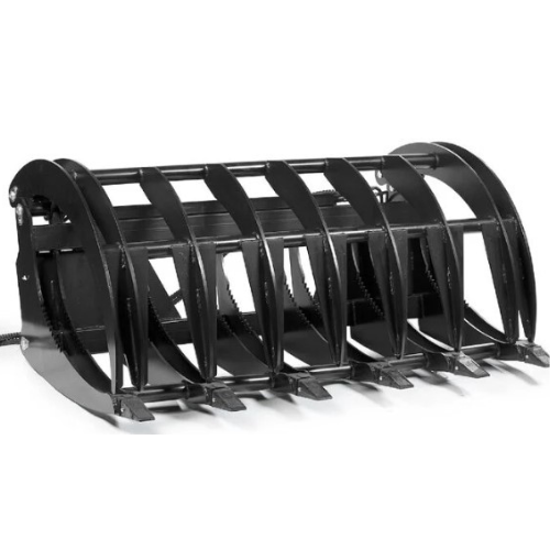 Heavy-duty metal grapple attachment with multiple curved tines and a solid frame, designed for handling bulk materials, shown on a white background.