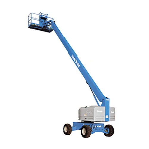Blue articulated boom lift with a raised platform, four large wheels, and branding on the arm. The lift is elevated at an angle, showcasing its functionality.